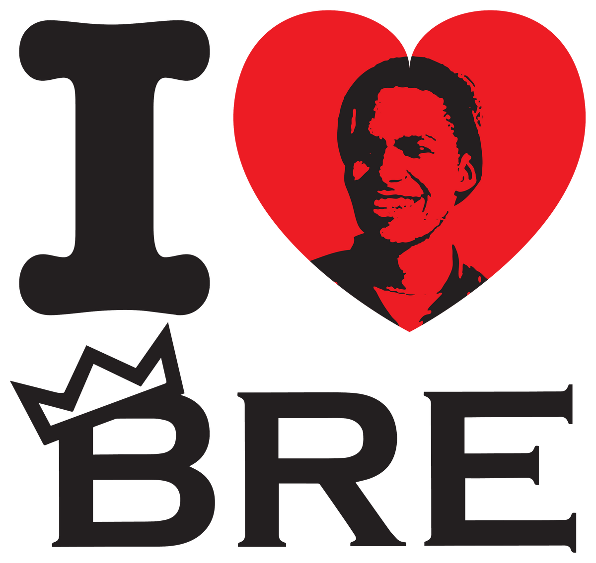 I Heart BRE logo artwork - black lettering, crown and red heart with portrait